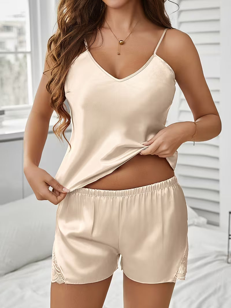 Beige Satin Lace Camisole and Panty Set